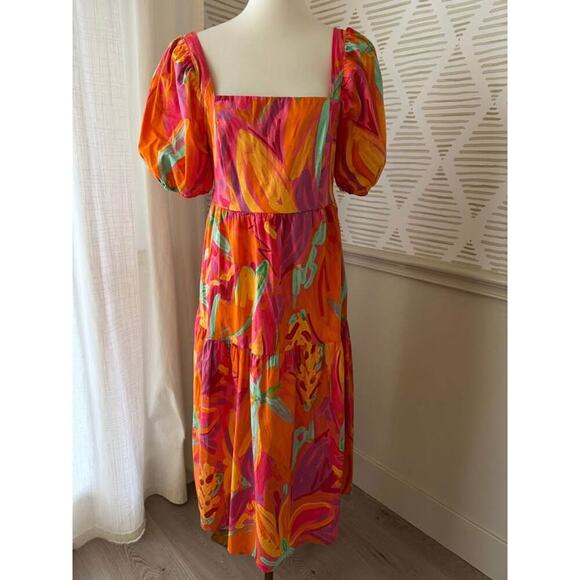 Crystal Sky Large Fruit Brush Floral Tiered Puff Short Sleeve Cotton Midi Dress - Picture 1 of 5